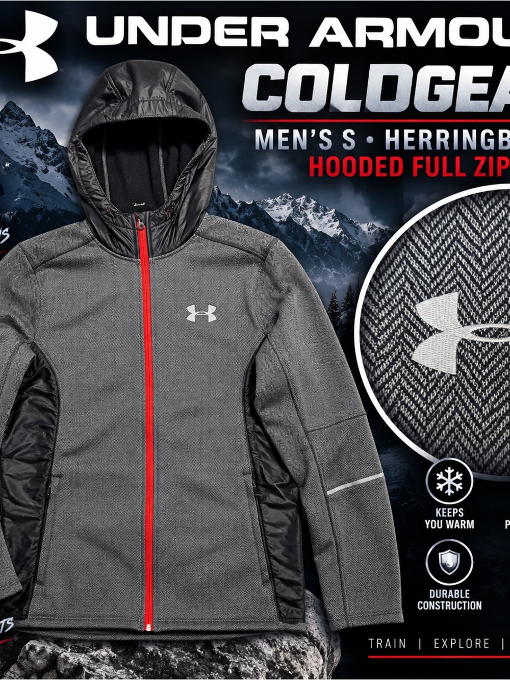 Under Armour ColdGear Jacket Mens S Gray Herringbone Hooded Full Zip 1299162